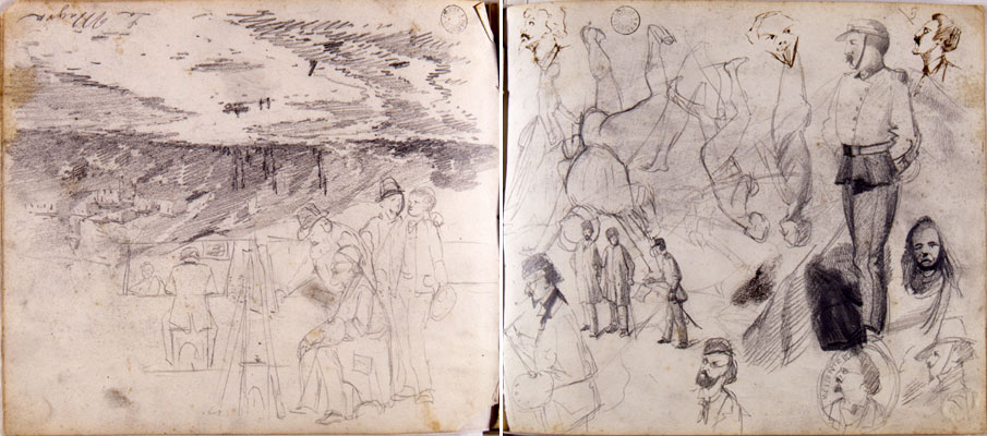 Vighi Coriolano-Schizzi con pittori al cavalletto e astanti e,  in senso contrario, paesaggio con colline, case, fiume, piccole figure (verso)